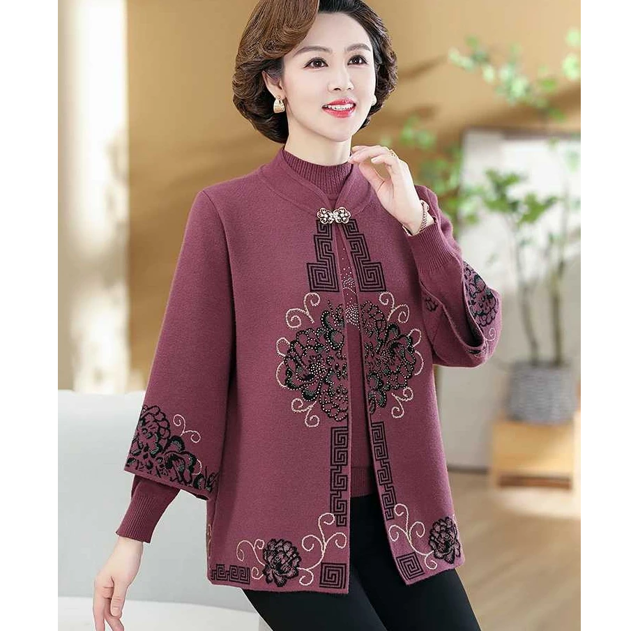 中老年秋装针织国风开衫两件套春秋气质洋气老年人宽松