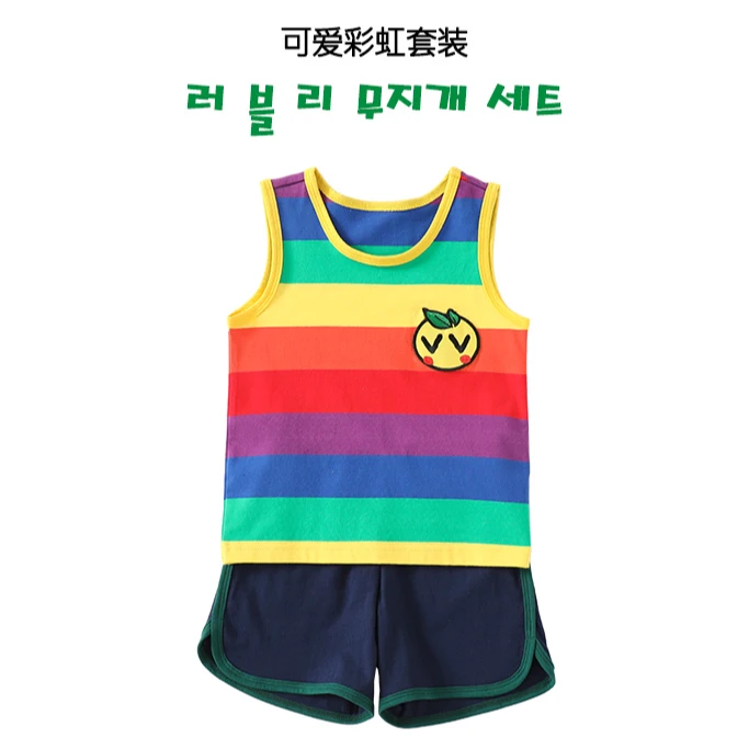 纯棉彩色条纹卡通印花时尚背心套装