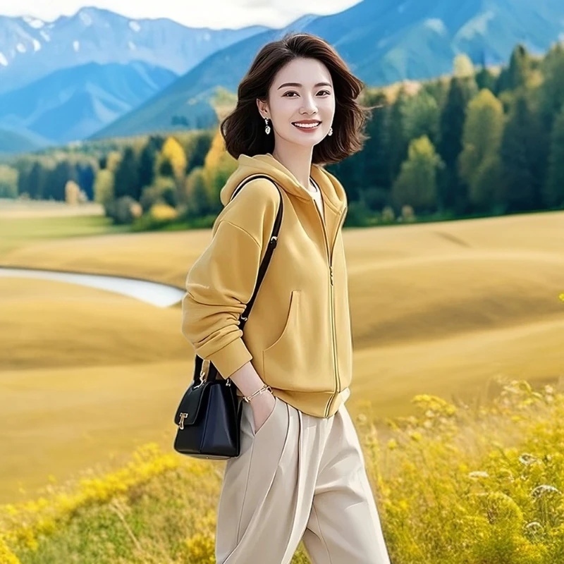 超好看连帽休闲卫衣多巴胺开春季穿搭外套新款2025女黄色上衣独特