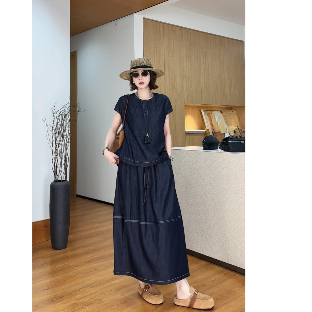 YYOUHAN 【罗马航班】莱赛尔天丝棉半身裙冰凉夏日套装 2506C3526