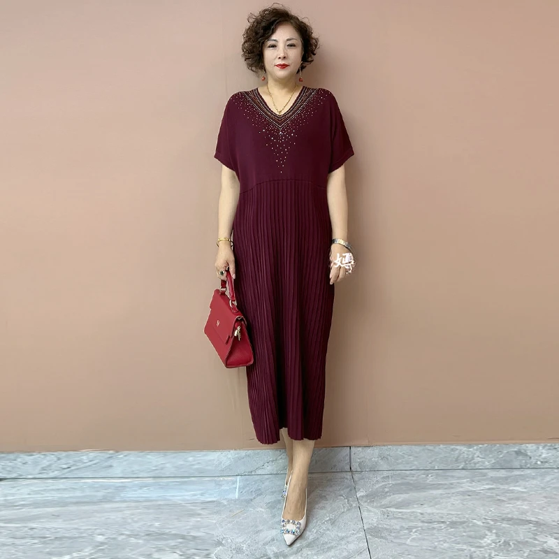3596婚宴重工V领烫钻弹力连衣裙冰麻针织宽松大码妈妈减龄长裙子