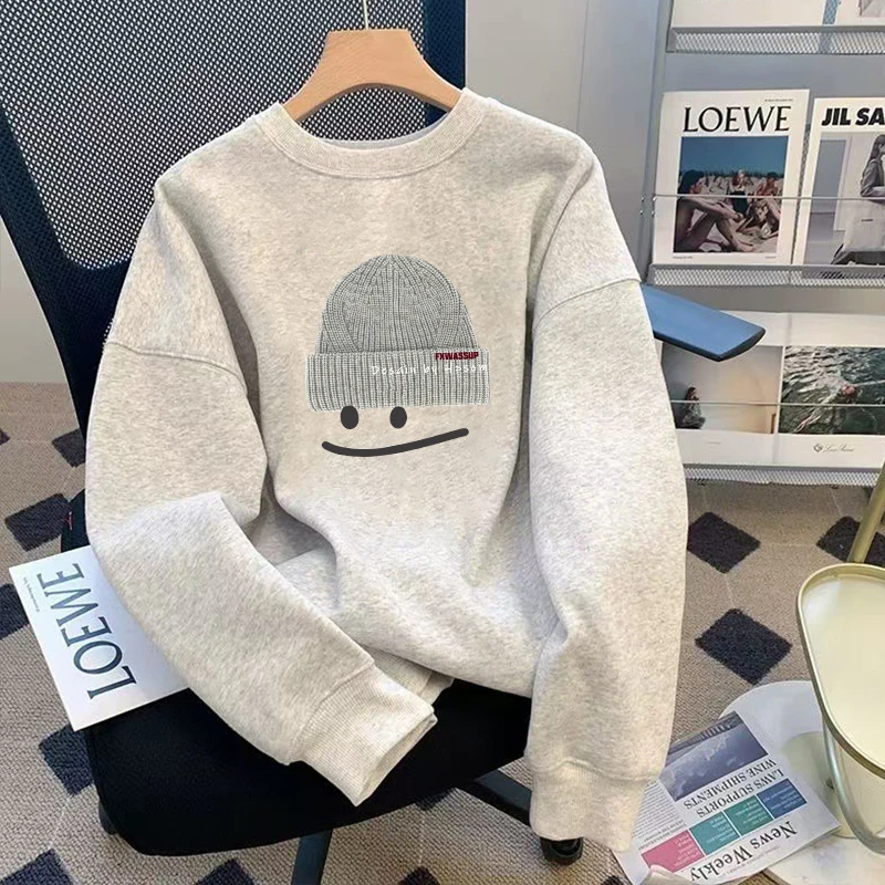 白灰色圆领卫衣女新款2025秋冬爆款时尚洋气上衣加绒加厚长袖外套