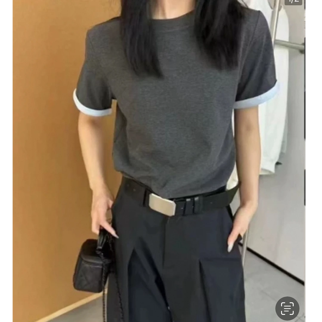 2025新款休闲短袖洋气女装撞色百搭上衣外穿夏季气质显瘦拼接2703