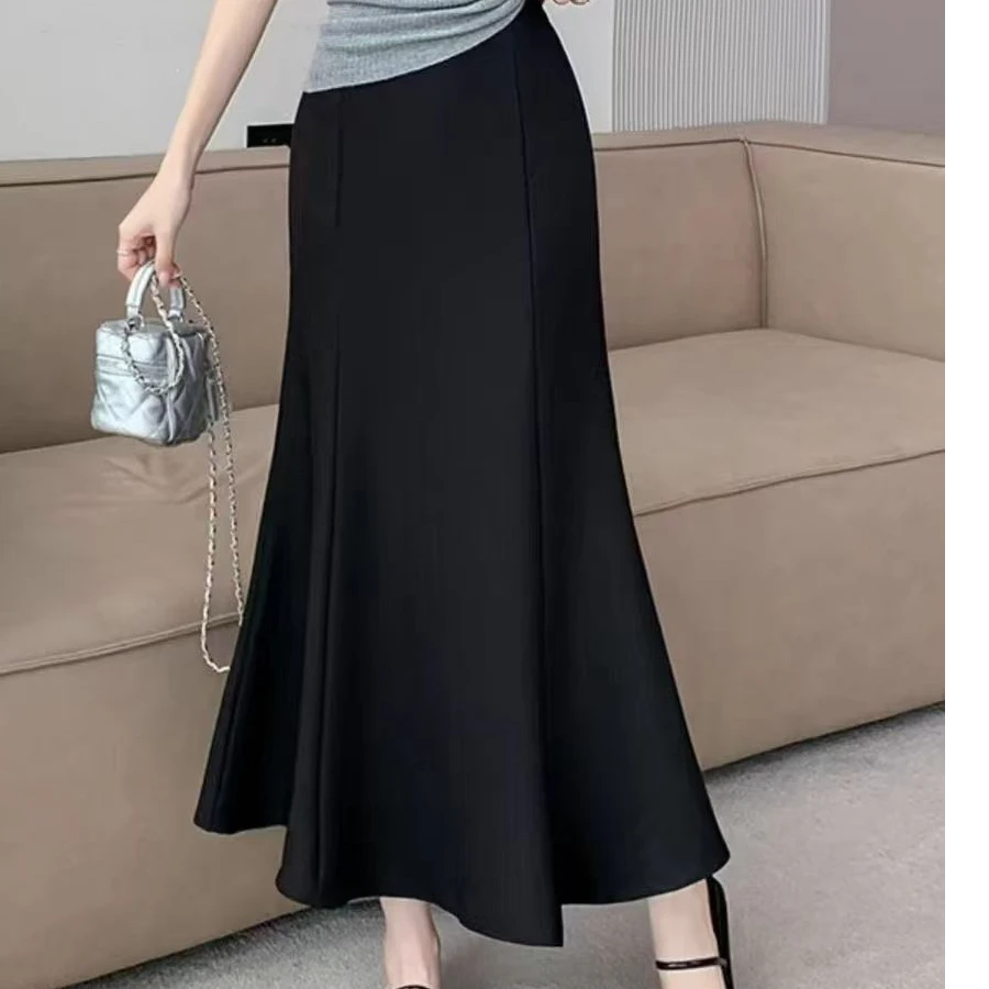 黑色中长款高腰百搭春夏半身裙显瘦缎面包臀裙A字显瘦夏季（莹）