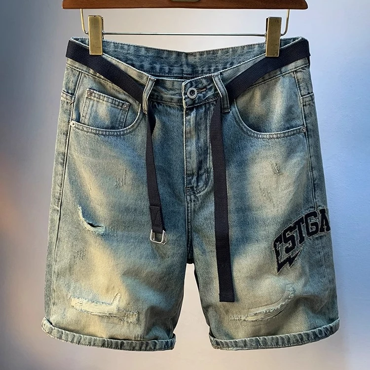卡因耶查夏季破洞五分牛仔裤潮流绣花水洗直筒中裤薄款休闲男短裤