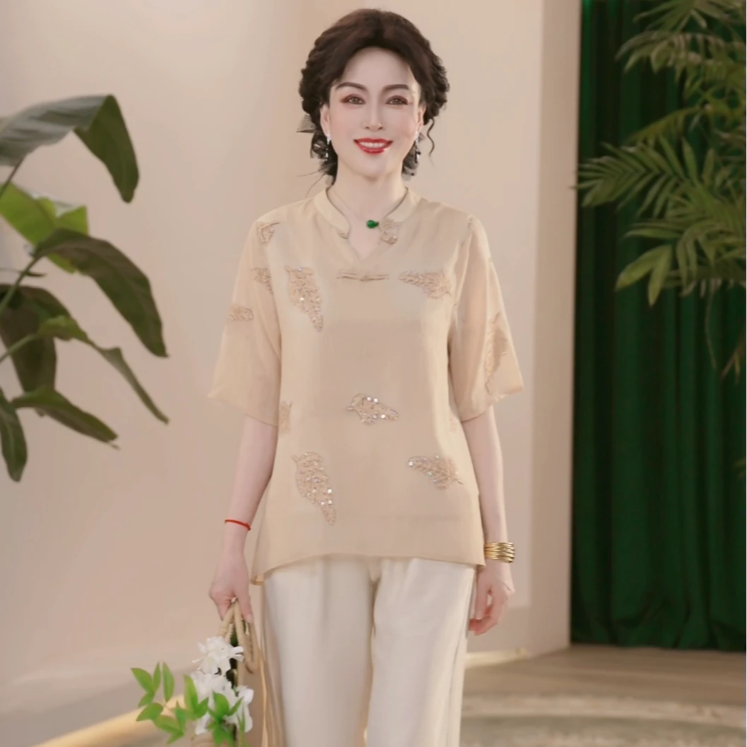 妈妈装2025春夏新款中国风上衣洋气V领衬衫中年女装宽松小衫套装