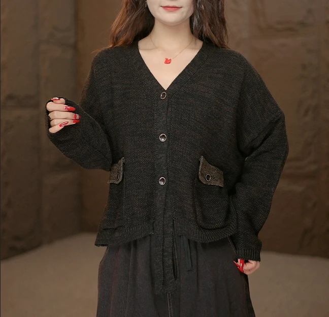 【沐光】女长袖秋季垂坠感短款针织毛针织衫宽松型常规款开衫