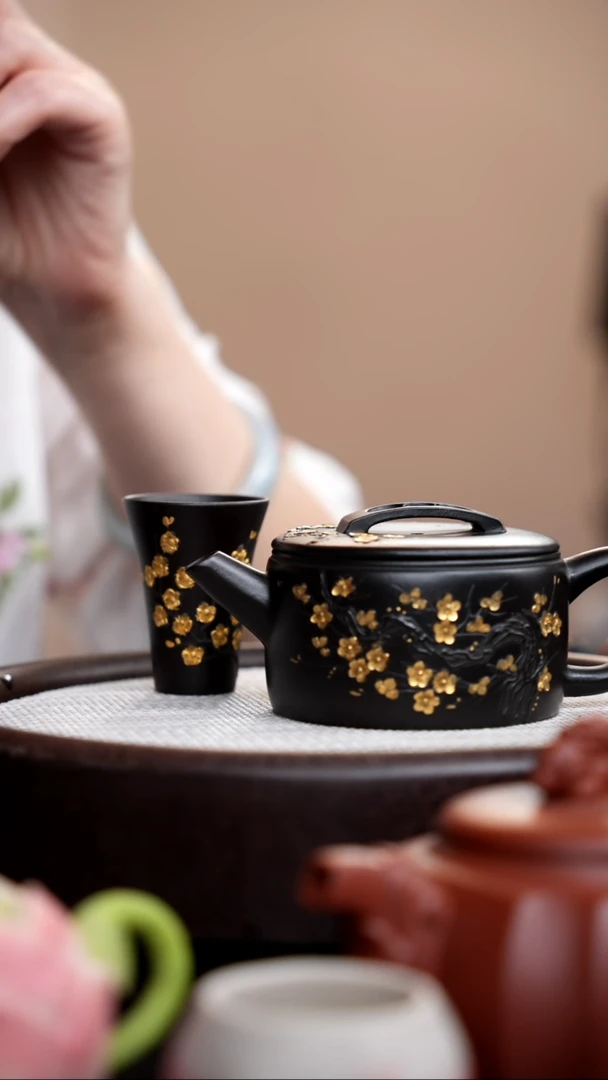 茶壶紫砂捂灰朱泥描金梅花汉瓦+杯