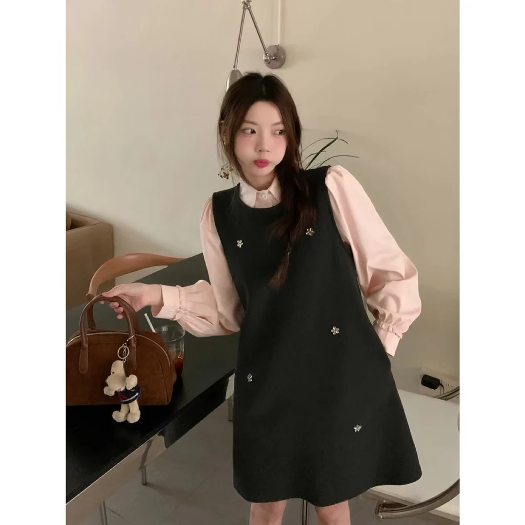 时尚显瘦气质收腰学院风背心裙+衬衫两件套-177