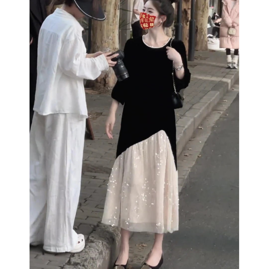 胖mm显瘦连衣裙2025春季新款大码韩版宽松遮肉气质高级感丝绒长裙