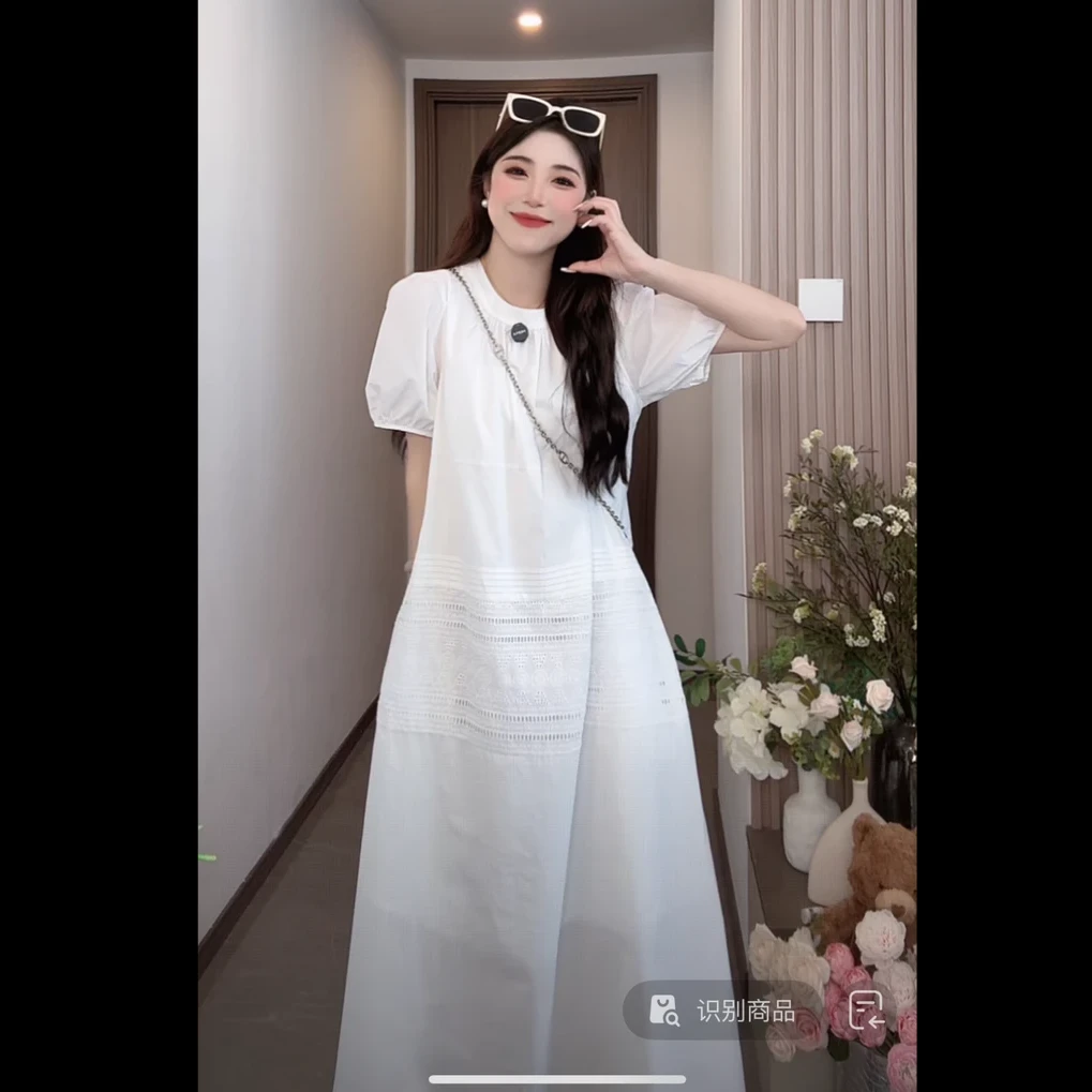 泡泡袖圆领宽松显瘦拼接蕾丝边连衣裙女气质高级百搭氛围感穿搭