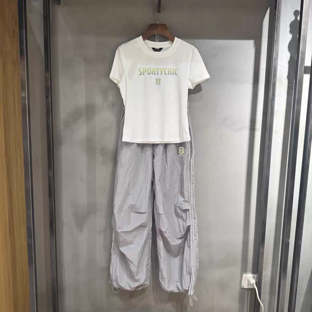 麦寻女装2025夏季新款休闲T恤高腰松紧工装裤运动两件套TZKDS05B
