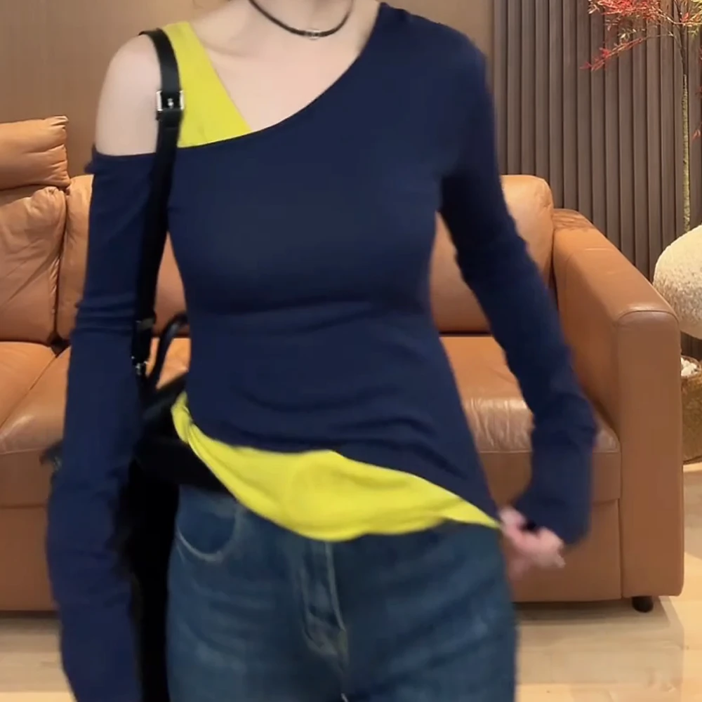 【伯斯尤物】春季上新气质时尚百搭拼接假两件露肩修身显瘦长袖T恤