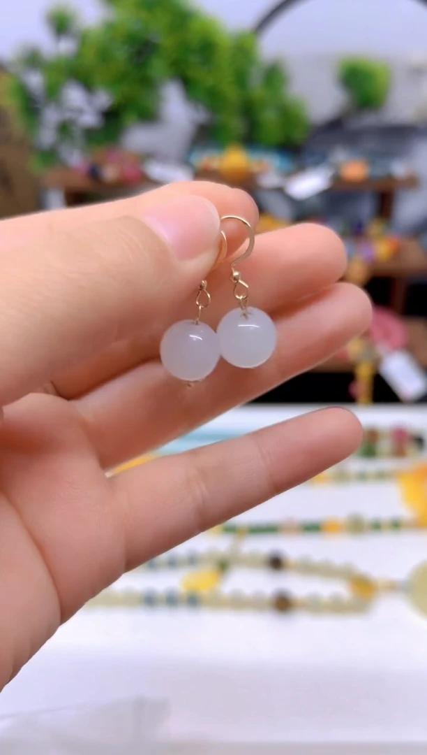 和田玉（白玉）14K金镶嵌耳饰E04