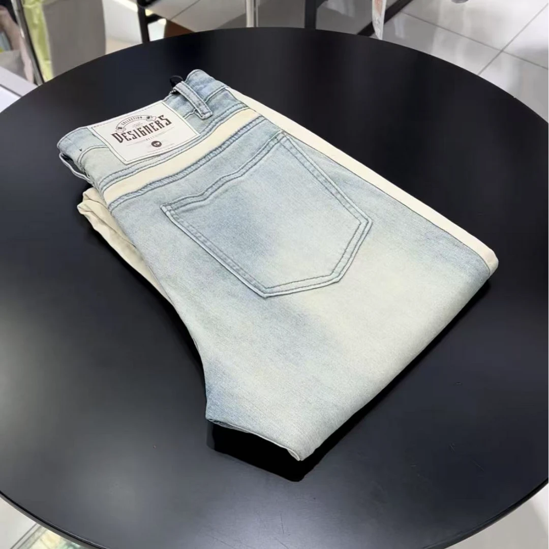 2025春夏新款时尚百搭拼接潮流男士休闲弹力牛仔裤