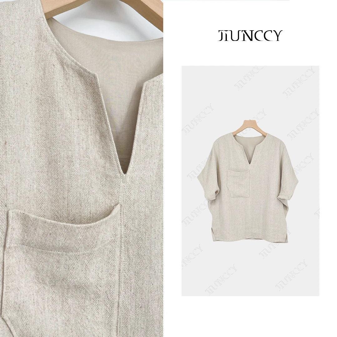 JIUNCCY【素锦】亚麻人字纹V领单口袋简约休闲蝙蝠袖上衣 24CY109
