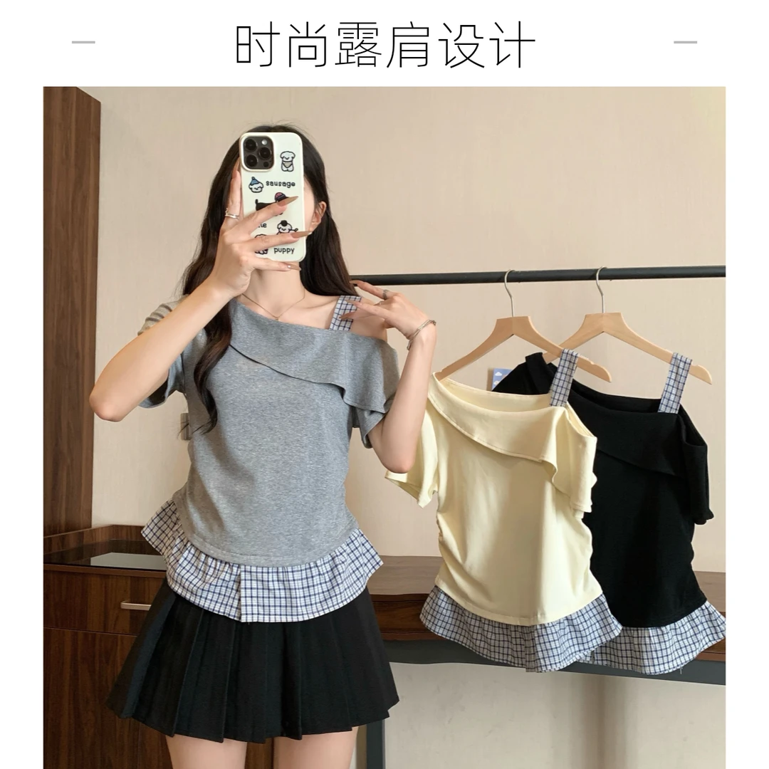 设计感拼接假两件露肩上衣女夏季新款大码胖mm遮肚子显瘦别致T恤