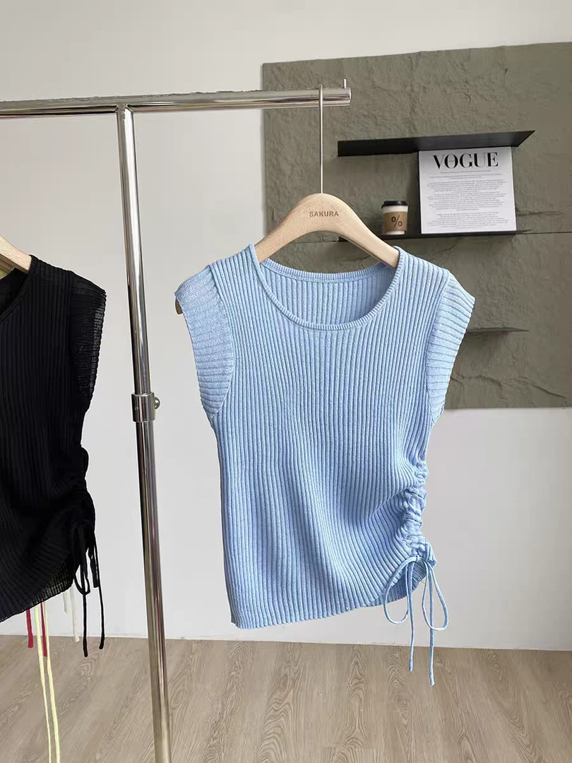 【鞋爱】100夏季抽绳针织衫短袖修身韩版时尚纯色设计感百搭