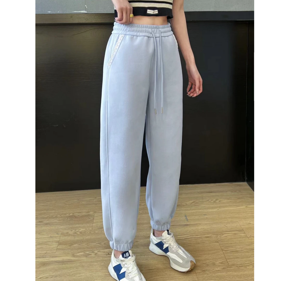 청이 (青花瓷）8803-韩国东大门小猫花边蕾丝卫裤韩系百搭甜美休闲裤