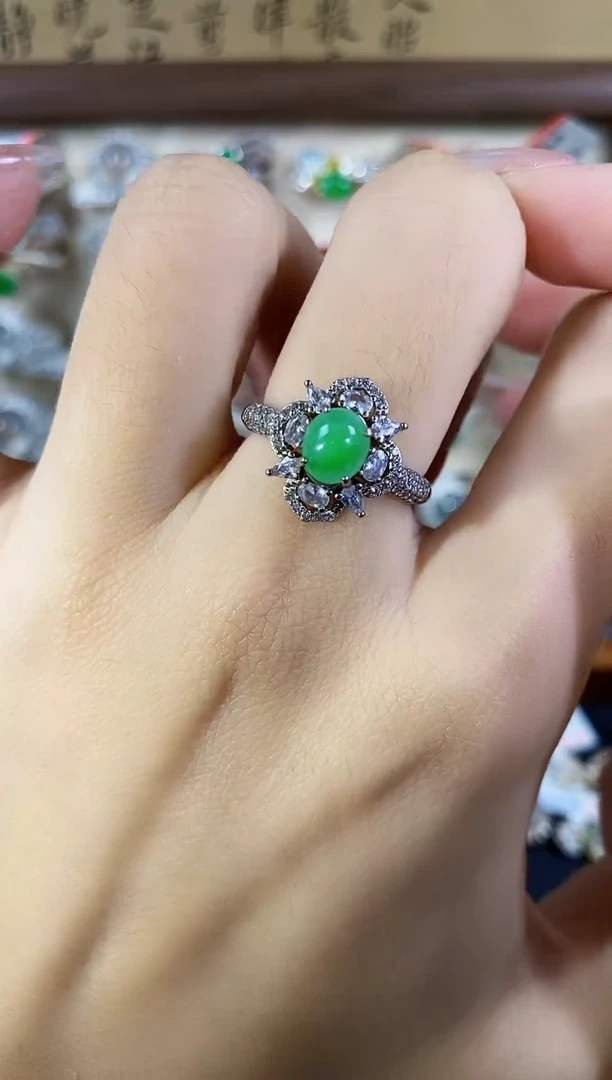 银S925镶嵌戒指翡翠 天然A货翡翠10