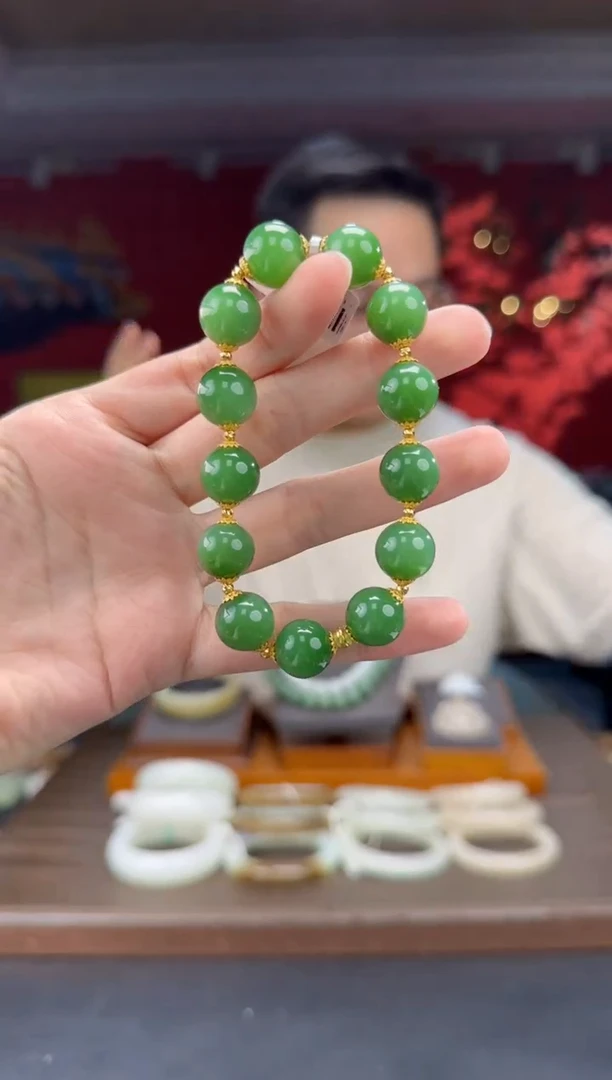 18K金镶嵌手串和田玉碧玉粉绿diy单圈手串