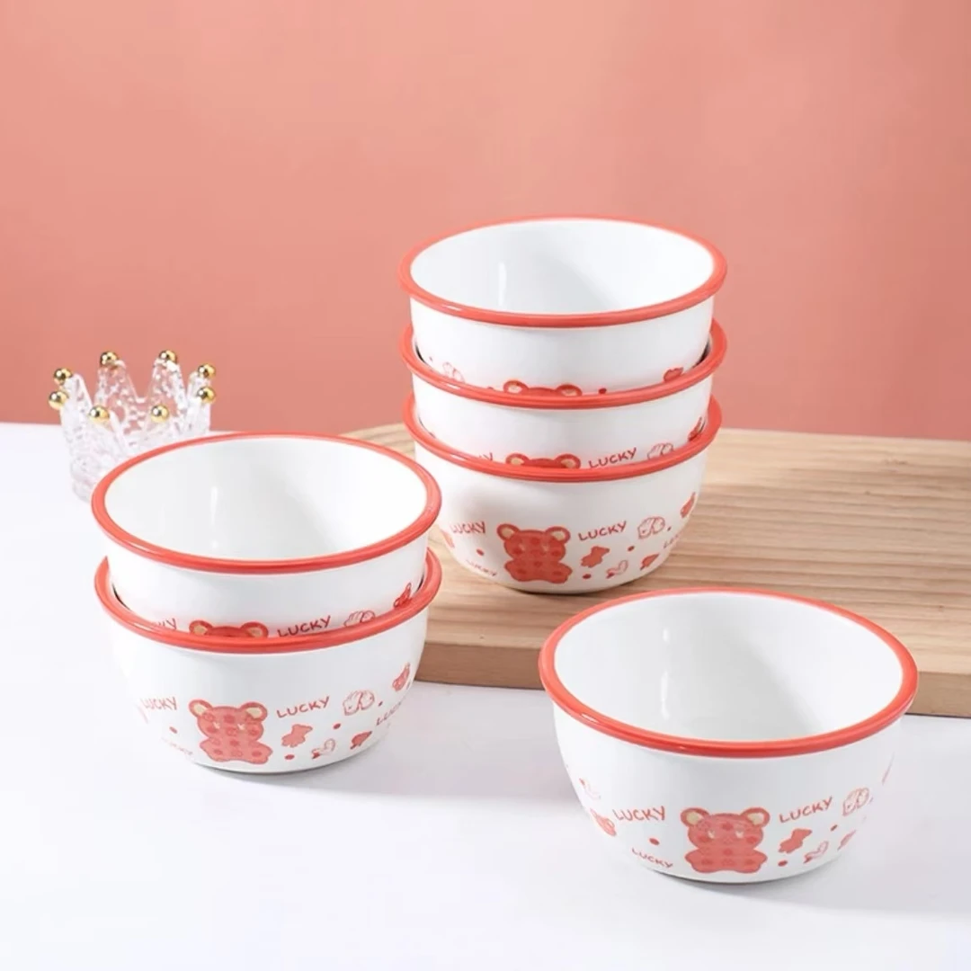 健康釉下彩陶瓷幸运熊米饭碗4.7英寸8只