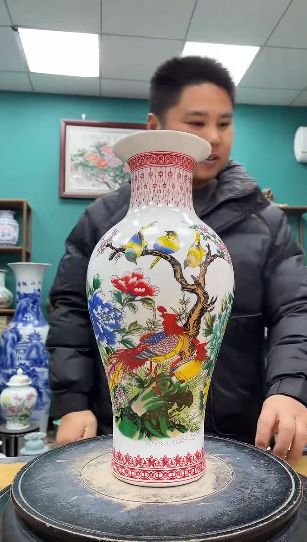 摆件牡丹双凤鱼尾陶瓷摆件