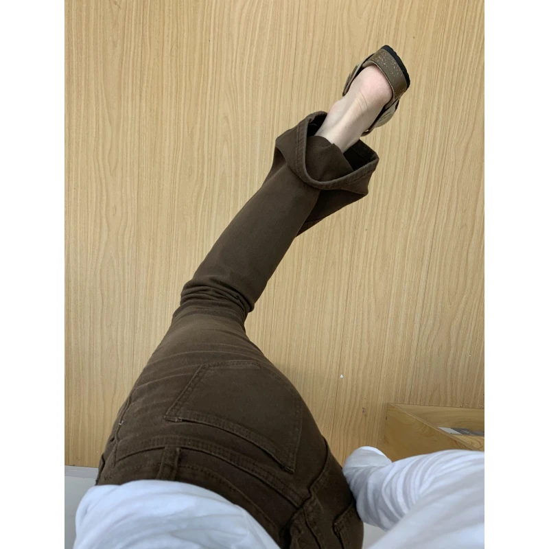 180高个子175加长咖色复古辣妹微喇牛仔裤女高腰显瘦修身喇叭裤子