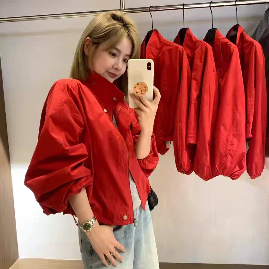 韩系红色立领廓形冲锋衣短外套女2025春季新款小个子休闲夹克上衣