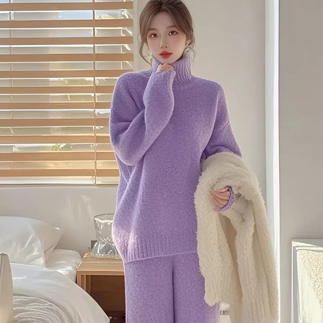 冬装搭配一整套高级感穿搭小个子超好看紫色高领毛衣裤子套装