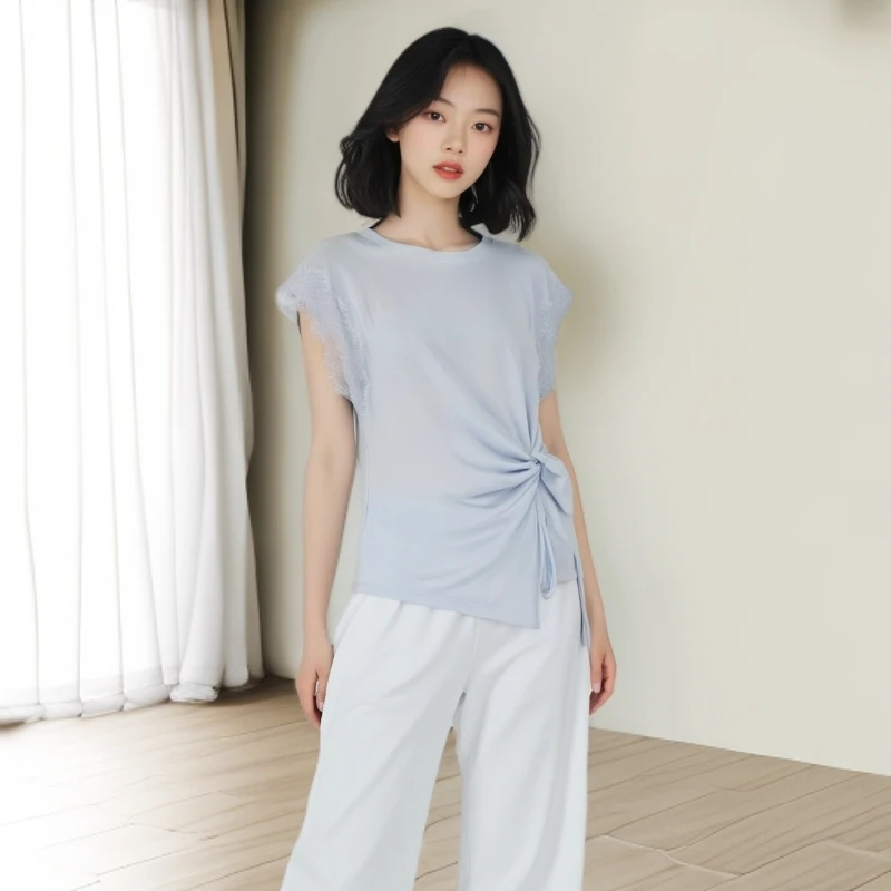 2025夏季时尚百搭上衣气质轻奢休闲圆领中袖半袖衬衣女士  5066