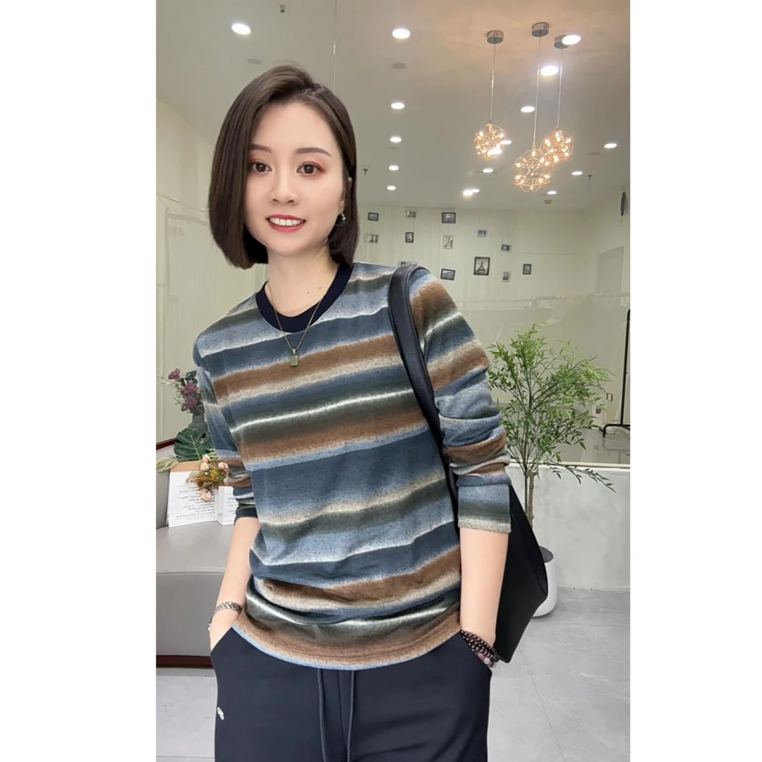 茹茹秋款圆领彩虹条纹T恤女装上衣休闲长袖百搭