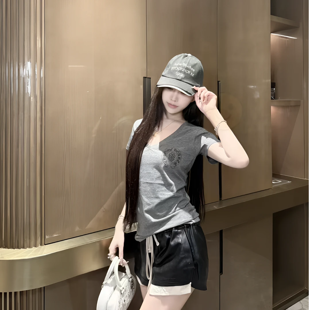 SHANGMEI  星条旗短袖薄款夏季女印花时尚V领复古修身