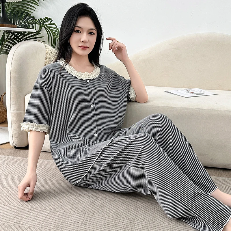 条纹纯棉大码睡衣女2025春新款胖mm夏季短袖长裤家居服200斤薄款