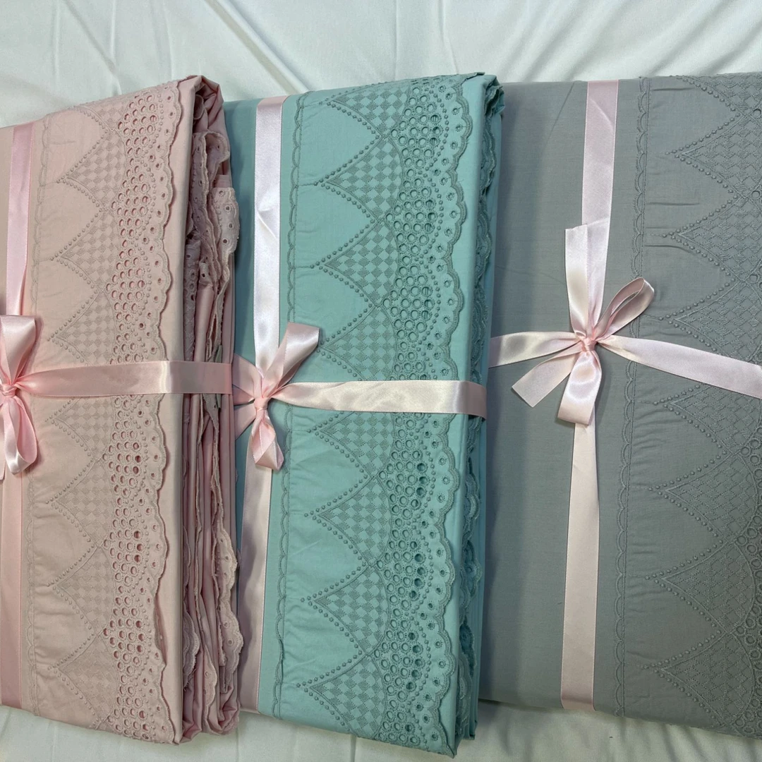 六牧纺织 棉大机花边 被套三件套 扇形花边