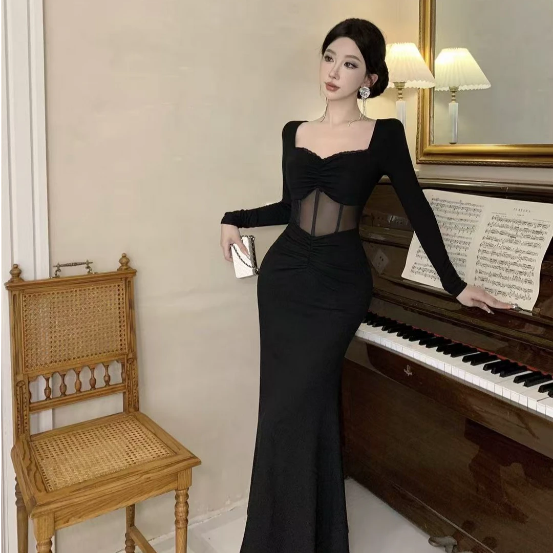 法式性感黑色蕾丝拼接长袖连衣裙女新款气质设计高级礼服长裙