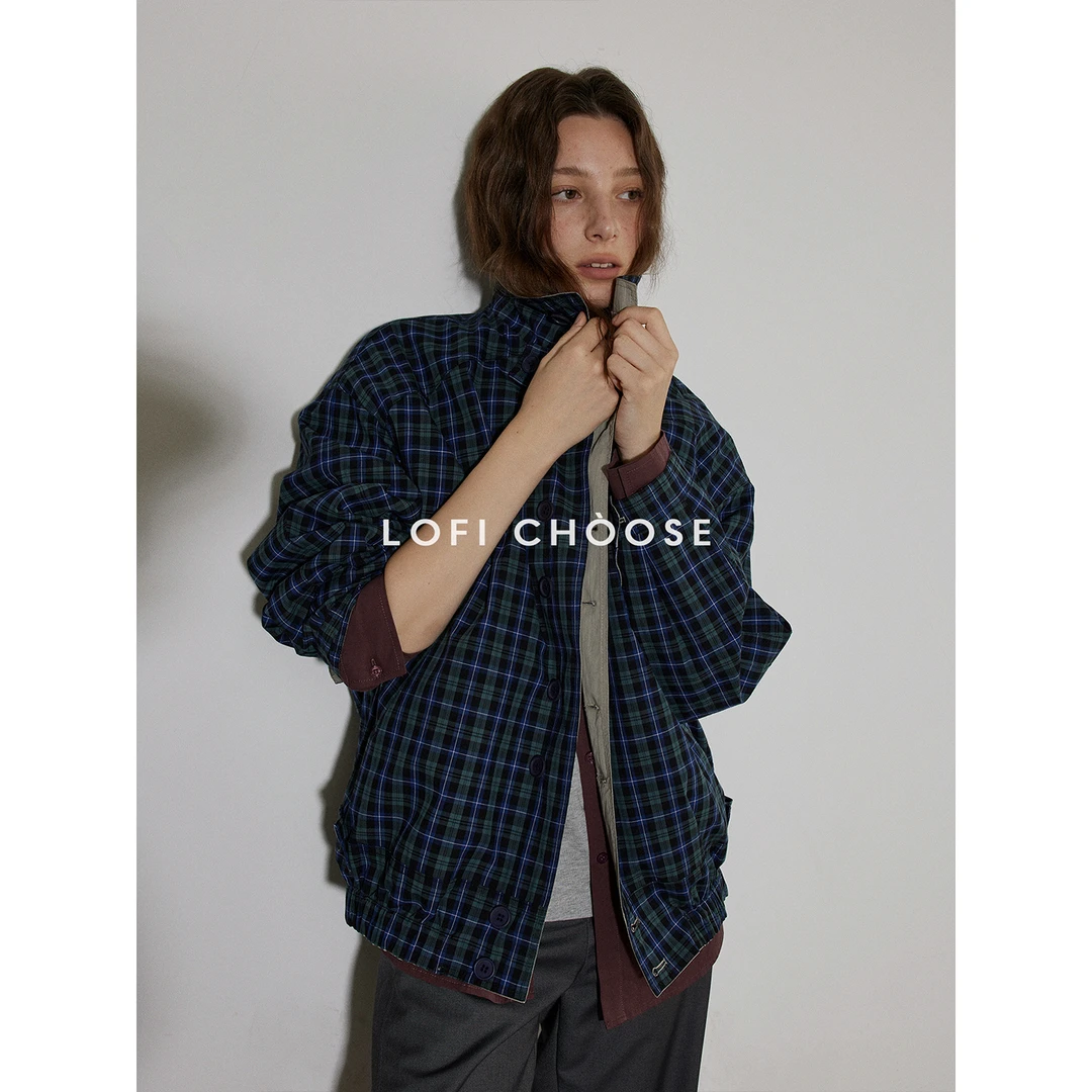 Lofi choose 简约双面穿格纹夹克外套女秋季新款休闲宽松百搭上衣