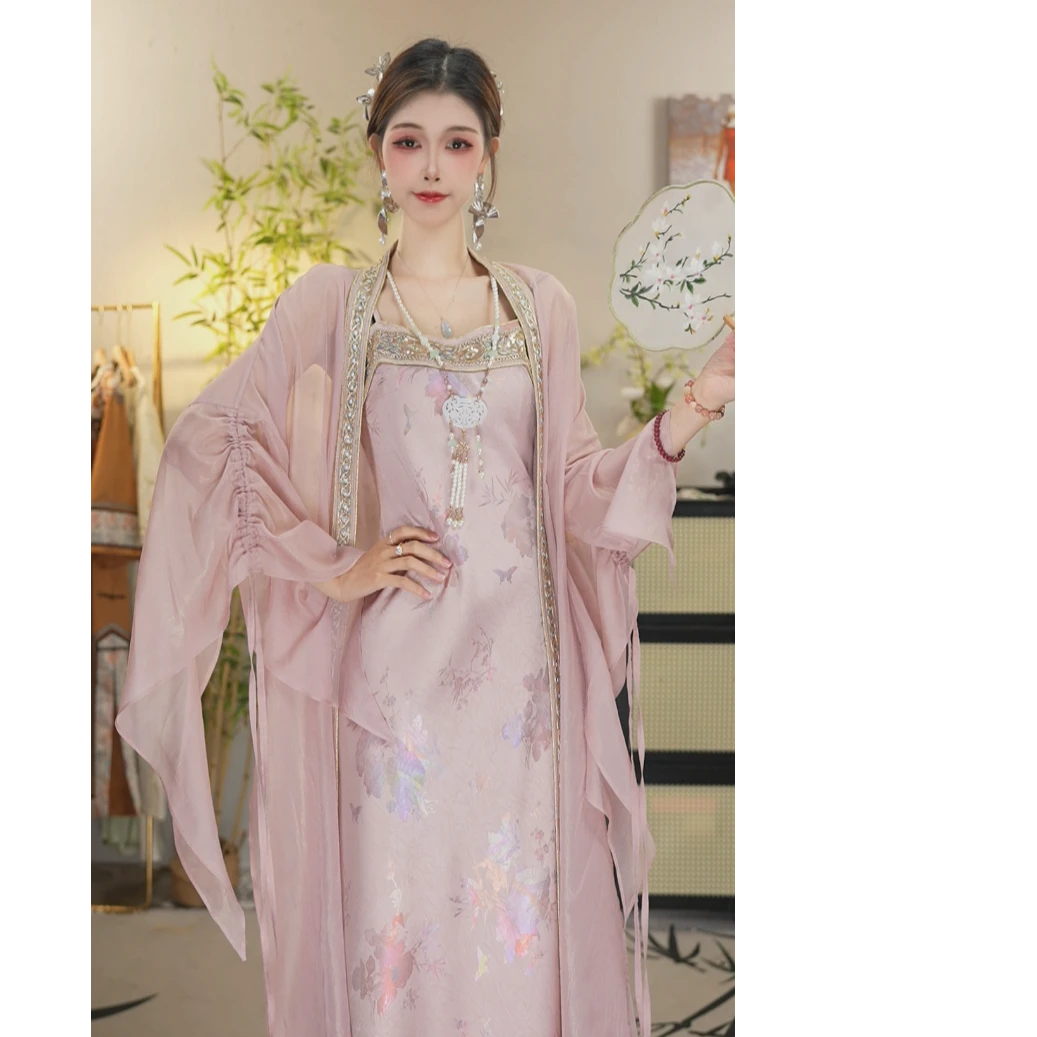 花想容2025春季新款中国风飘逸日常粉色长款套装（2610+2600）