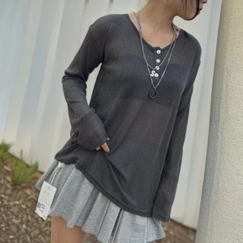 夏装薄款防晒衫女2025新款韩版长袖针织衫宽松外穿微透上衣潮