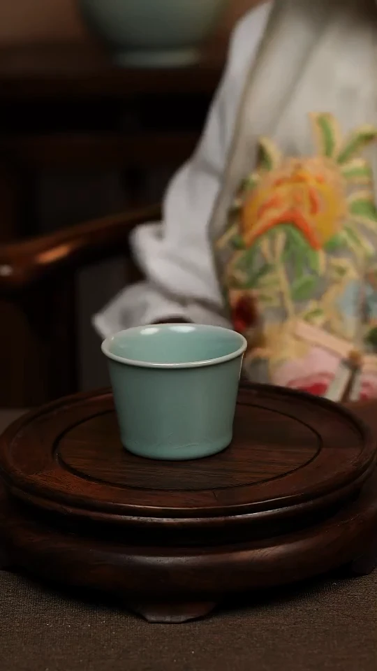 瓷片仿古天青全手马蹄杯80ml 微瑕 不带礼盒