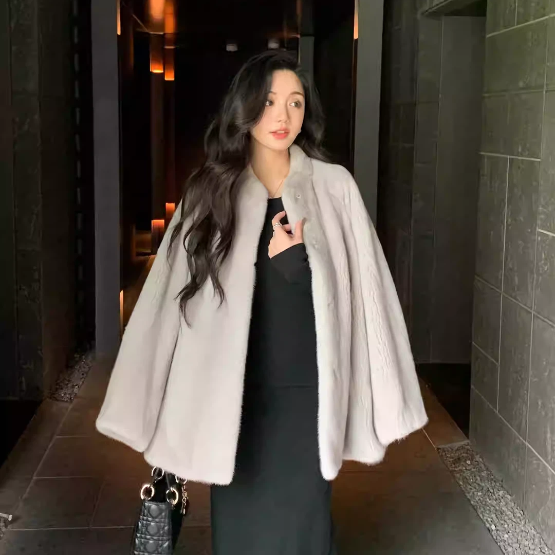 iLeather新款圆领貂皮大衣女整貂进口天鹅绒水貂皮草外套时尚冬