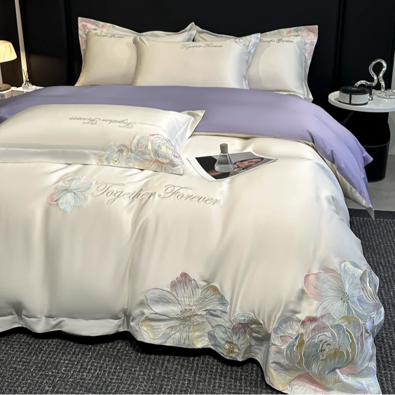 富安娜家纺A类纯棉舒适轻奢简约亲肤刺绣高支高密床上品四件套