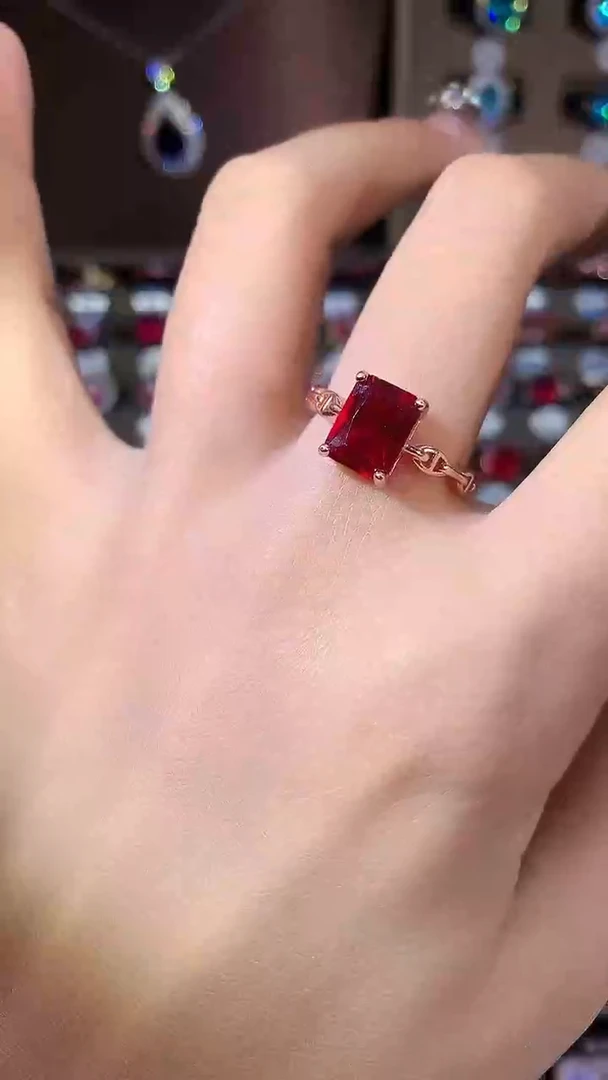 银S925镶嵌戒指红宝石79酒红玫瑰金