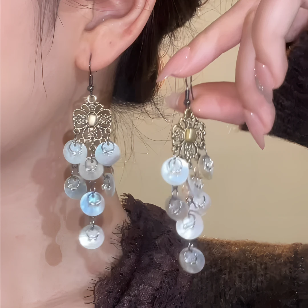 合金耳饰 复古民族风贝壳流苏耳环气质国风百搭设计感古风耳饰女