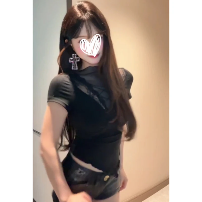 2025夏季新款美式复古高级设计感不规则下摆短袖T恤纯欲辣妹上衣