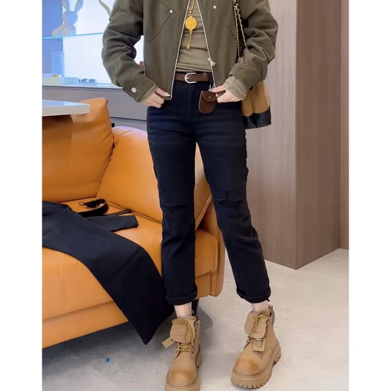 梨型身材高腰休闲直筒牛仔裤2025年秋季新款假破洞弹力九分烟管裤