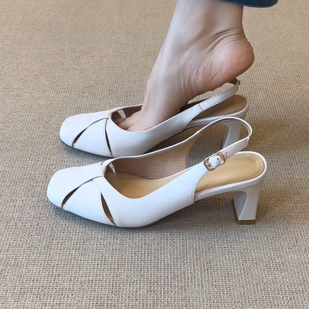 RubyL/6cm2025年夏季简约气质职场风舒适百搭纯色粗跟方头凉鞋