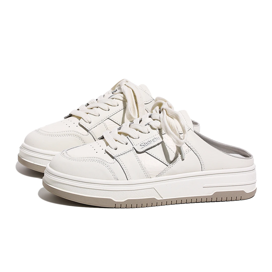 首谷正品米白包头半拖鞋女款2025新款厚底真皮外穿拖鞋一脚蹬板鞋