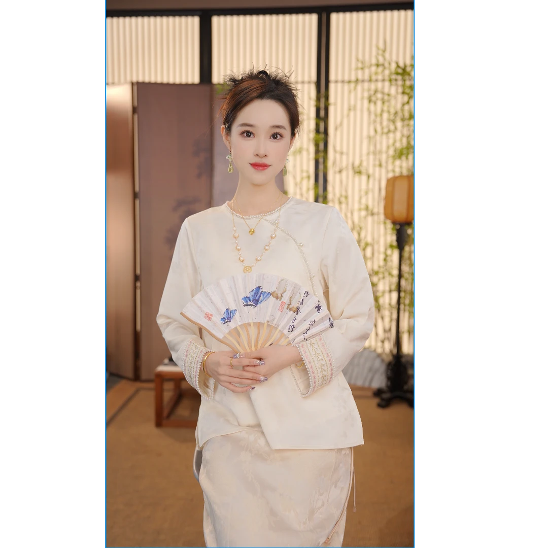 LB【白茶】中式提花上衣2025新款精致百搭圆领长袖衬衫YY2502201