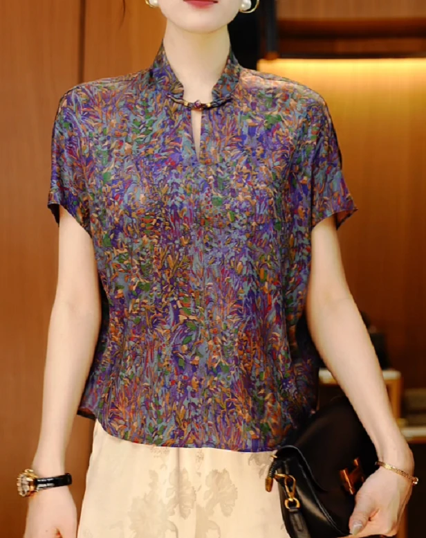 紫萝漫语-夏季极简风减龄优雅轻奢时尚百搭气质圆领上衣